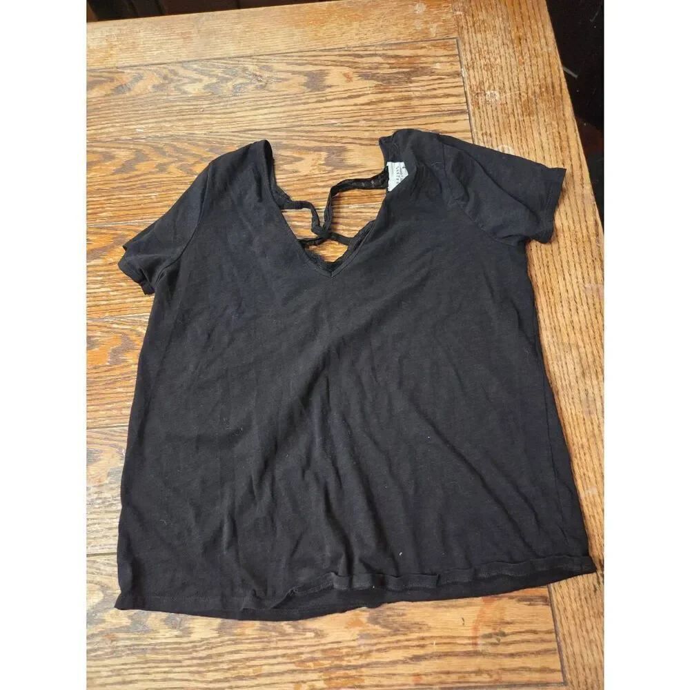 Sezane black cotton criss cross lace tshirt sz XL
